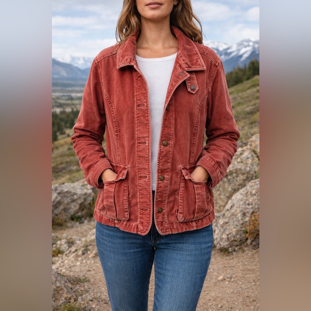 Eddie Bauer XL Rust Corduroy Jacket Cotton Stretch Button Front Pockets Y2K A4 - Picture 1 of 9